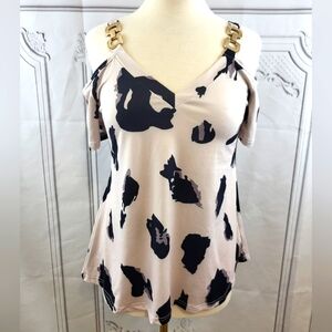Skue Beige Black Spots Cold Shoulder Blouse Size Small